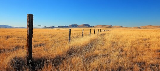 Wooden wire fence on countryside grass field. Generative AI technology.	
