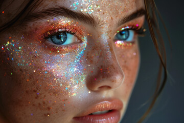 White model showcases dazzling beauty makeup with vibrant glitter accents enhancing her features, highlighting stunning blue eyes and a radiant smile