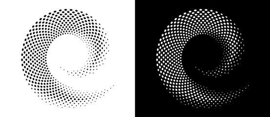 Poster - Modern abstract background. Halftone dots in circle form. Spiral logo, design element or icon. Vector dotted frame. A black figure on a white background and an equally white figure on the black side.