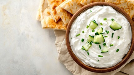 Wall Mural - Fresh cucumber slices are paired with a smooth cream cheese spread in a wooden bowl, complemented by crunchy grissini on a lovely beige kitchen table