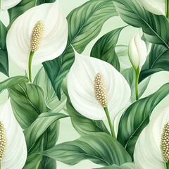 Wall Mural - A lush pattern of white peace lilies and green leaves set against a soft green background, ideal for use in home decor, botanical designs, and nature-themed projects,