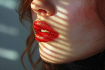 Young white model with striking red lips, elegant beauty makeup, illuminated by sunlight casting dynamic shadows indoors