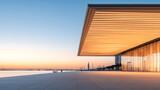 Steel canopy covering a modern public plaza evening ambience