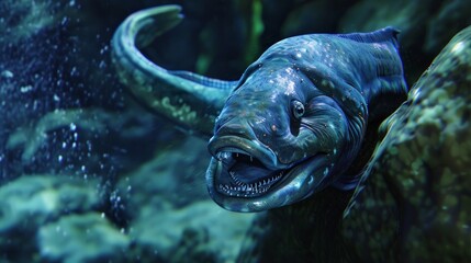 Wall Mural - A close-up of a moray eel with its mouth open, revealing its sharp teeth.