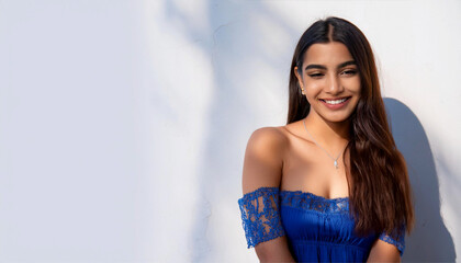 Wall Mural - A portrait of a South Asian woman wearing a blue tube top.