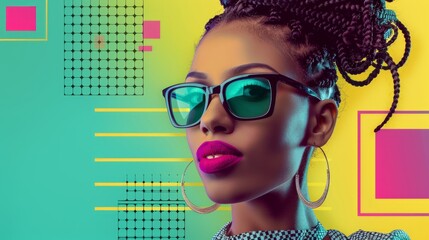 A close-up of a young woman wearing sunglasses, with a bold, graphic background.