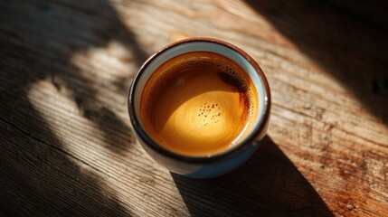 A close-up of a perfectly brewed espresso, with a golden crema, served in a stylish cup on a wooden table.