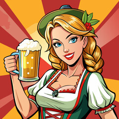 A girl in the Bavarian style with a glass of beer illustration