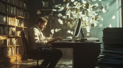 A focused man sits at a computer with money flying around him, creating a dramatic scene