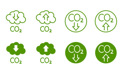 Vector icons carbon footprint reduction. Green symbols CO2, carbon dioxide emissions, decreasing and increasing levels. Editable stroke thin line and green solid set.