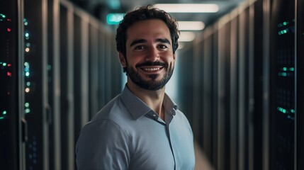 Poster - A smiling professional stands confidently in a data center filled with server racks, showcasing modern technology and innovation