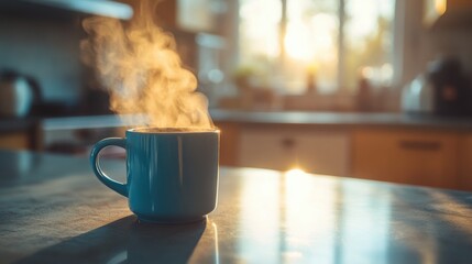 banner idea for a morning routine theme with a hot cup of coffee on a cozy kitchen counter, providing space for text customization