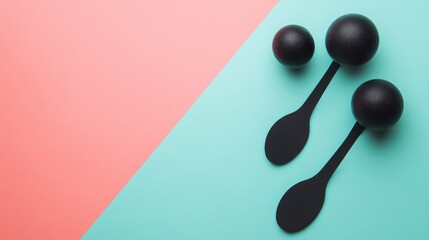 Three black spheres and two black spoons arranged on a split pink and turquoise background.