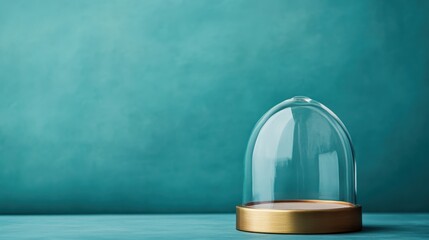 A clear glass dome with a gold base, artfully photographed against a teal background. The image emphasizes luxury and sophistication through its minimalistic presentation.