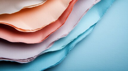 Poster - Soft pastel-colored paper sheets, including shades of peach, blue, and pink, are layered and neatly arranged, creating a calming and aesthetically pleasing image.