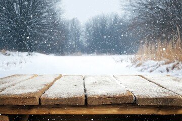 Wall Mural - Snowy wooden table in forest