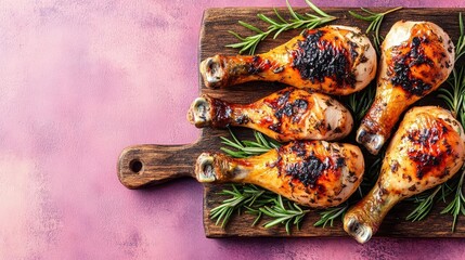 Roasted chicken drumsticks on a rustic wooden board with rosemary