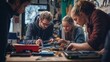 © irissca - Diverse group collaborates at community repair cafe to fix electronics promoting ethical consumption and sustainability
