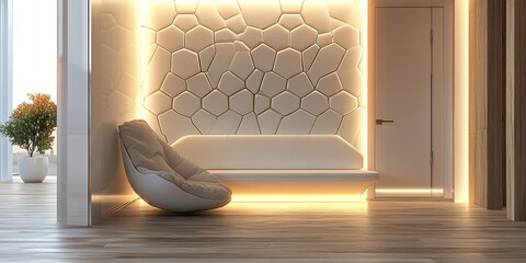 interior design of modern white sofa in home entryway with glowing light brown honeycomb wooden 