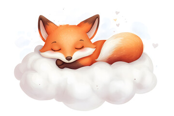 Wall Mural - Cute little fox watercolor cartoon illustration isolated on a white background