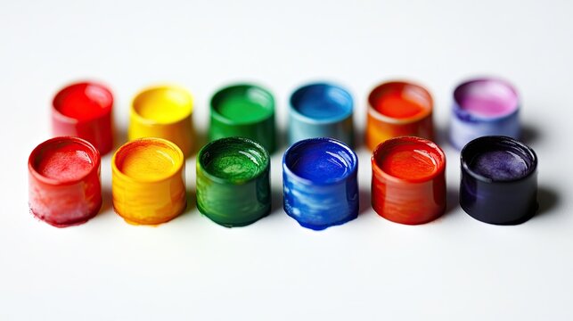A set of watercolor paints with a spectrum of colors, neatly placed on a crisp white background.