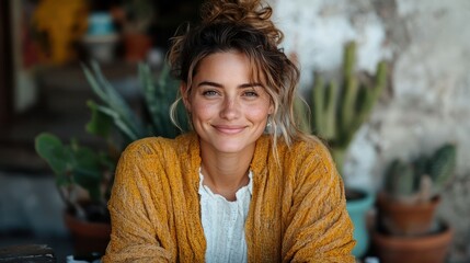 Woman in a cozy orange cardigan, smiling warmly. Captured with a background of blurred plants, her demeanor is relaxed and inviting in a comfortable, homely setting.