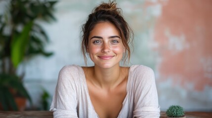 A portrait of a smiling woman with updo hairstyle and a casual top. Her eye contact and smile create a welcoming and relaxed atmosphere with a slightly blurred background.