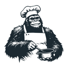 Wall Mural - The gorilla wearing a chef uniform and hat. Black white vector logo icon illustration.
