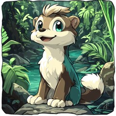 Wall Mural - Cute Cartoon Animal Sitting by a Stream in the Jungle