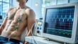 © Man888 - CLOSE-UP OF ELECTROCARDIOGRAM MACHINE SHOWING HEART RATE READOUT ON SCREEN, ELECTRODES ATTACHED TO PATIENT'S CHEST, MONITORING CARDIAC ACTIVITY WITH PRECISION.