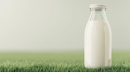 Organic milk, glass bottle and green pastures, 3D illustration