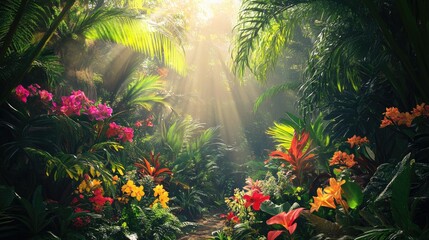 Wall Mural - A tropical paradise with a variety of colorful flowers and bright sunlight illuminating the lush greenery