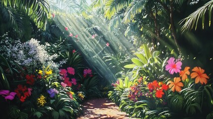 Wall Mural - A vivid tropical garden scene, with colorful blooms and sunlight streaming through the dense foliage