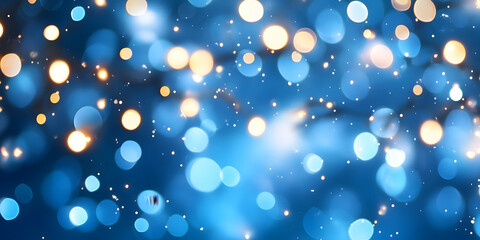 Poster - Winter background with glowing white bokeh lights on a blurry blue background. Christmas lights