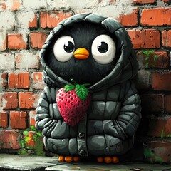 Poster - Penguin in a Hoodie Holding a Strawberry