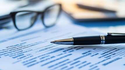 Poster - A close-up of a document outlining insurance coverage details, with a pen and glasses.