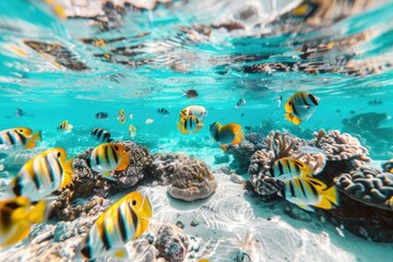 Tropical sea underwater fishes on coral reef. Aquarium oceanarium wildlife colorful marine panorama landscape nature snorkel diving ,coral reef and fishes