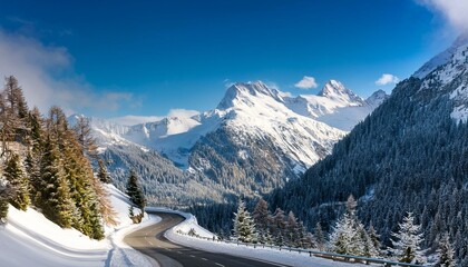 Wall Mural - Artistic depiction of an alpine road winding through snow-capped mountains.