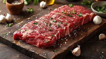 A raw flank steak on a wooden wooden board, with fresh parsley, garlic cloves, and olive oil drizzles scattered around, soft diffused light from the side, vibrant colors, rustic kitchen setting.