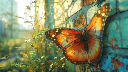 Aufkleber - A Vibrant Butterfly Resting on a Weathered Brick Wall