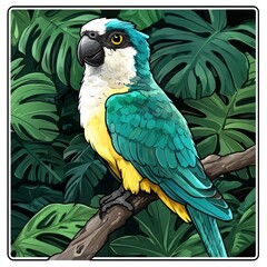 Blue-Headed Parrot on Branch with Tropical Leaves