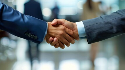 Business focus on a handshake between two professionals, with the rest of the office scene softly blurred