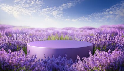 Poster - Charming 3D podium with lavender flower background, purple platform, and lilac floral field, ideal for summer products and beauty displays.