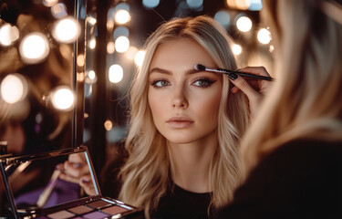 Poster - A makeup artist is applying purple eyeliner to the model's eye, with soft lighting and a mirror in front of them. 