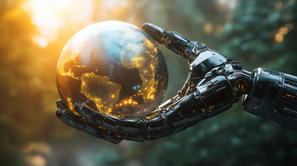 Future technology, robotic arm holding a globe, Three dimensional render of robotic hand holding glowing planet earth