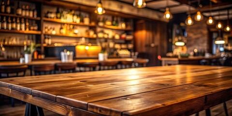 Poster - Empty wooden bar table in dimly lit cafe restaurant interior with a blurred background