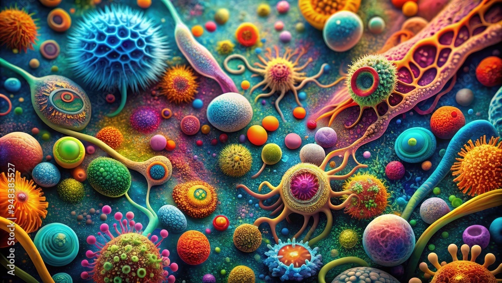 Colorful microscopic image of microbial patterns, showcasing intricate ...