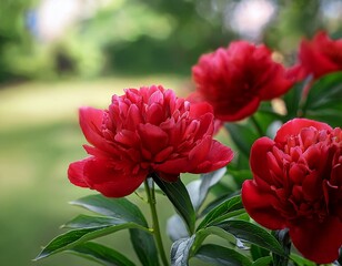 Wall Mural - Close-up of blooming red peonies, symbolizing prosperity, with blurred background for messages.