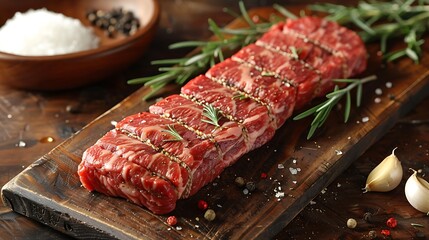 Wall Mural - A raw hanger steak with intricate marbling, placed on a weathered wooden board, surrounded by rosemary sprigs, crushed garlic, and black peppercorns, natural light enhancing the textures and colors,