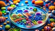 © Man888 - Colorful microscopic image of various microorganisms, bacteria, and cells on a petri dish, highlighting advanced scientific research in microbiology and laboratory testing.